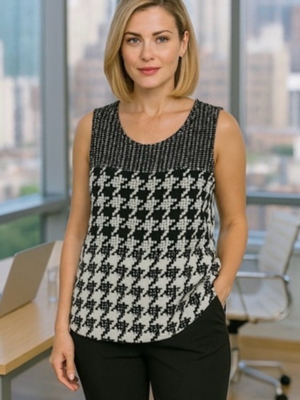CAbi Black White Pixilated Houndstooth Print Tunic Top Business GUC M #1107